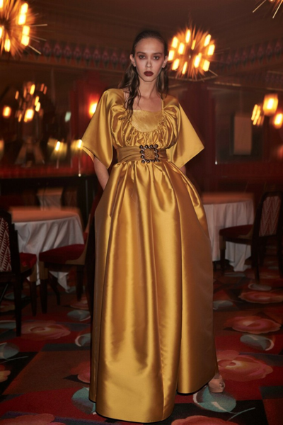Alexis Mabille Short Sleeve Satin Gown In Yellow