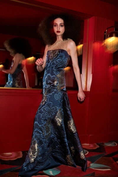Alexis Mabille Strapless Illusion Brocade Gown In Blue