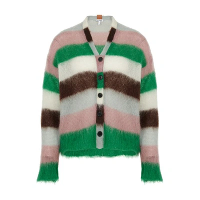 Loewe Stripe Mohair Cardigan Green, Pink And Brown