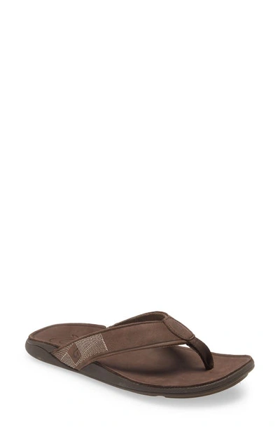 Olukai Tuahine Waterproof Flip Flop In Dark Wood/ Dark Wood