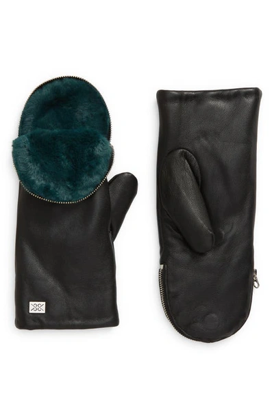 Soia & Kyo Leather Zip Top Mittens With Faux Fur Lining In Black-juniper