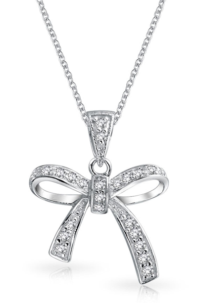 Bling Jewelry Sterling Silver Cz Pave Bow Pendant Necklace In Clear