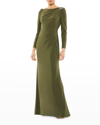 Mac Duggal Long-sleeve Draped Jersey Sheath Gown In Olive