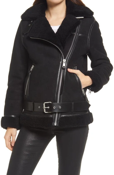 Allsaints Womens Black Bexley Shearling Leather Jacket L In Black/ Black