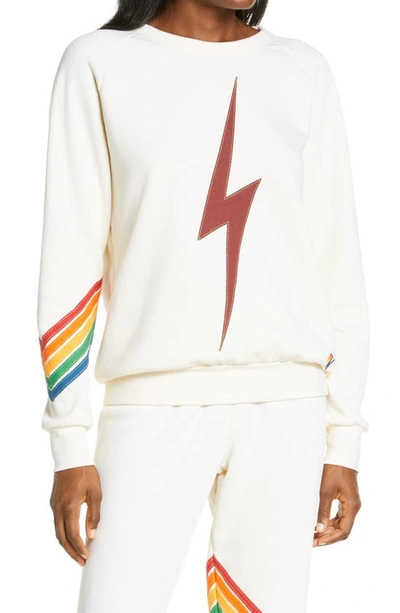 Aviator Nation Bolt Chevron Stripe Sweatshirt In White/neon Pink Rainbow