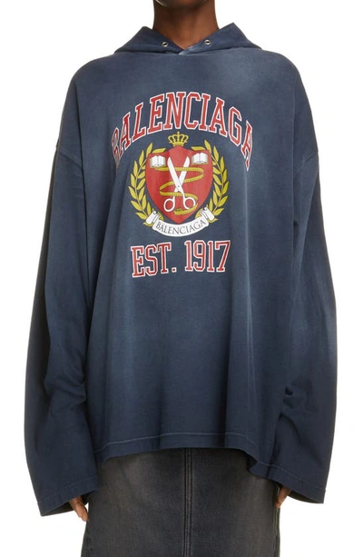 Balenciaga College Logo Oversize Organic Cotton Hoodie In 8067 Marine Blue/ Red