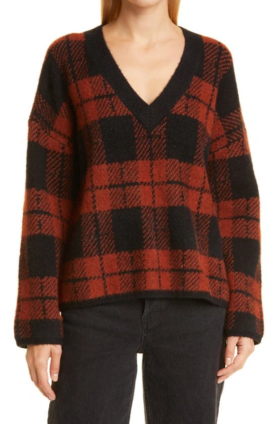 Rails Colleen V-neck Jacquard Plaid Sweater In Rust Black Plaid