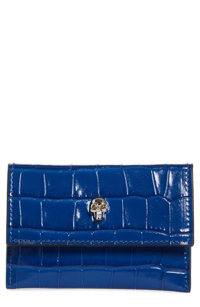 Alexander Mcqueen Skull Croc Embossed Leather Card Case In Washed Indigo