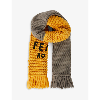 Fendi Roma Brand-embroidered Wool-blend Scarf In Yellow Grey