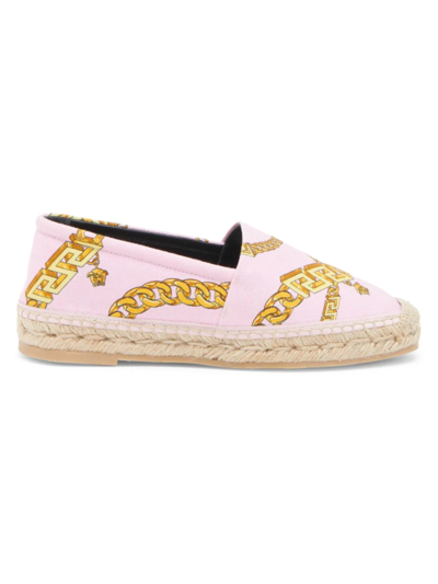 Versace Chain-print Cotton Espadrille Loafers In Pink And Gold