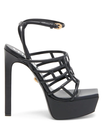 Versace Greca Maze Leather Platform Sandals In Black