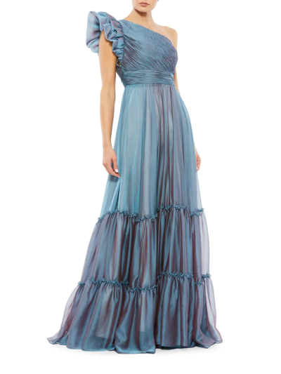 Mac Duggal Ruffle One-shoulder Chiffon A-line Gown In Fusion/blue