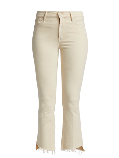 Mother The Insider High Rise Crop Step Fray Bootcut Jeans In Chalk Ivory