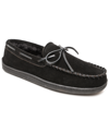 Minnetonka Pile Lined Hardsole Mens Faux Suede Bow Moccasin Slippers In Black