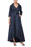 Alex Evenings Portrait Collar Faux Wrap Gown In Navy