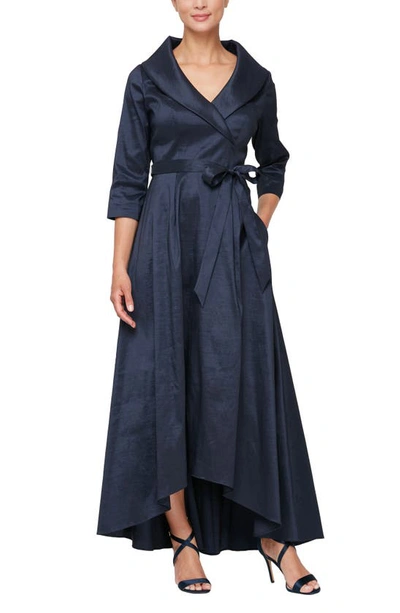 Alex Evenings Portrait Collar Faux Wrap Gown In Navy