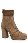 Silent D Yasmin Patchwork & Knit Platform Boots In Whiskey Suede