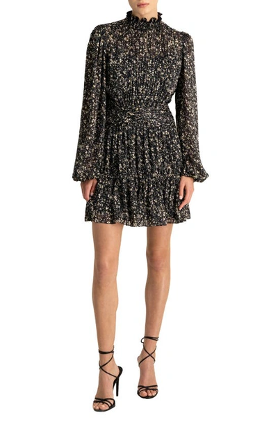 ml Monique Lhuillier Floral Long Sleeve Minidress In Jet Field Of Ditzies