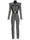 BALMAIN X ROSSIGNOL MONOGRAM PRINT BELTED SKI JUMPSUITS IVORY AND BLACK