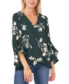 Vince Camuto Petite Flutter Sleeve Floral Whisps V- Neck Tunic In Windsor Moss
