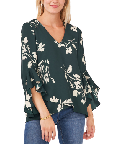 Vince Camuto Petite Flutter Sleeve Floral Whisps V- Neck Tunic In Windsor Moss