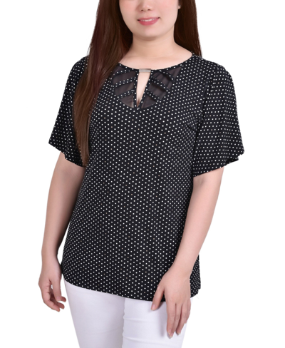 Ny Collection Women's Mesh Inset Top With Neck Hardware In Black White Dot