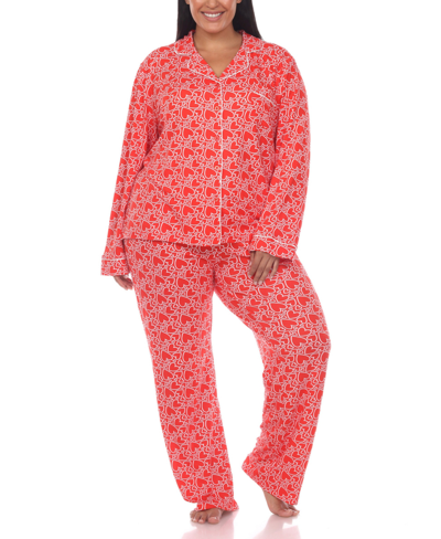 White Mark Plus Size 2 Piece Long Sleeve Heart Print Pajama Set In Red Hearts
