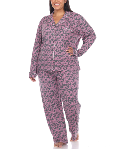 White Mark Plus Size 2 Piece Long Sleeve Heart Print Pajama Set In Gray Hearts