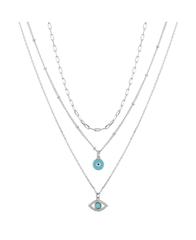 Unwritten Silver Plated 3-pieces Turquoise Crystal Evil Eye Layered Pendant Necklace Set In Silver-plated