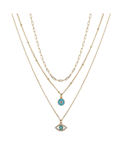 Unwritten Silver Plated 3-pieces Turquoise Crystal Evil Eye Layered Pendant Necklace Set In Gold-plated