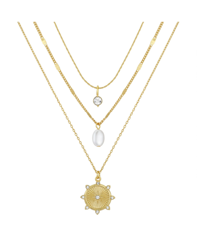 Unwritten 14k Gold Flash-plated 3-pieces Imitation Pearl And Genuine Crystal Layered Pendants Set In Gold Flash Plated