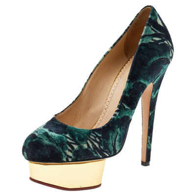 Pre-owned Charlotte Olympia Green Printed Velvet Dolly Platform Pumps Size 36