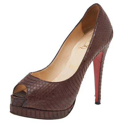 Pre-owned Christian Louboutin Brown Python Embossed Leather Peep Toe Pumps Size 36.5