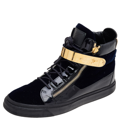 Pre-owned Giuseppe Zanotti Navy Blue/black Velvet And Leather Coby High Top Sneakers Size 43