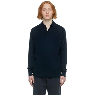 Sunspel Merino Wool Long Sleeve Polo Top In Light Navy
