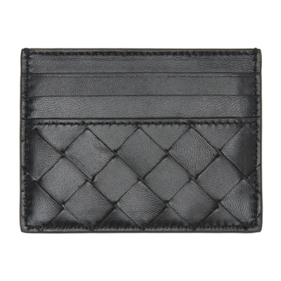 Bottega Veneta Leather Card Holder With Woven Pattern In 8425 Black