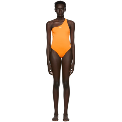 Off-white Logo One Shoulder One Piece Swimsuit In Orange