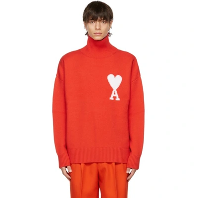 Ami Alexandre Mattiussi Ami Ami De Coeur Turtleneck Knit Sweater In Red