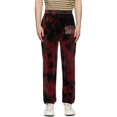 Aries Rhinestone Logo Velour Sweatpants In Red,black