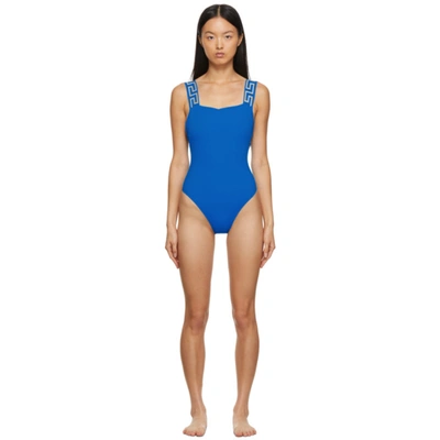 Versace Greca-pattern Scoop-back Swimsuit In Blue