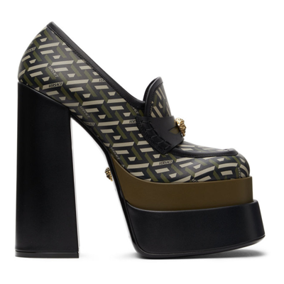 Versace Khaki Logo Intrico Platform Heels In 5b15v Black/kaki