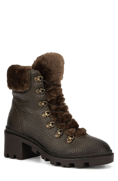 Vintage Foundry Regina Faux Fur Trimmed Snake Embossed Boot In Army Green