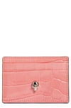 Alexander Mcqueen Skull Croc Embossed Leather Card Case In Coral