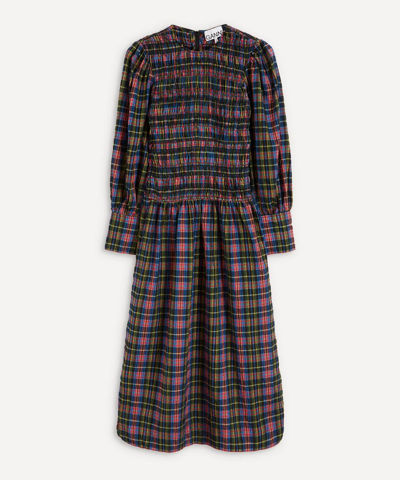 Ganni Shirred Checked Organic Cotton-blend Seersucker Midi Dress In Green