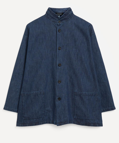Eskandar Slim A-line Double Stand Collar Jacket With Side Insert (long Length) In Jean Dark