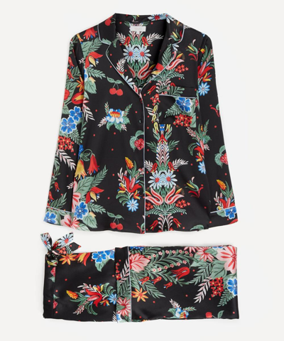 Yolke Classic Silk Pyjama Set - Size 12 In Cherry Floral Black
