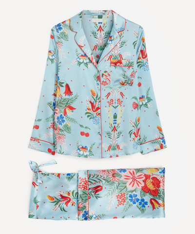 Yolke Classic Silk Pyjama Set - Size 10 In Cherry Floral Blue