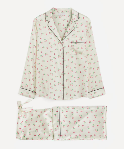 Yolke Classic Silk Pyjama Set In Strawberry Fields White