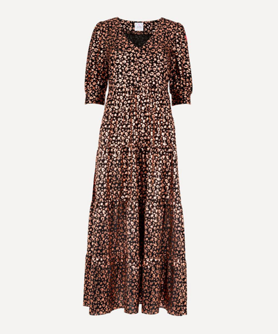 Scamp & Dude Leopard And Lightning Bolt Print Silk Maxi-dress - Size 12 In Black Metallic Foil