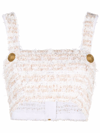 Balmain Cropped Button-embellished Metallic Bouclé-tweed Top In White
